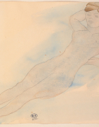 Femme nue allongée vers la gauche, une main à la hanche, l'autre derrière la tête