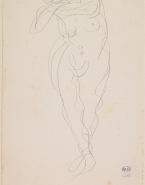 Femme nue debout, de face, bras croisés sous le menton