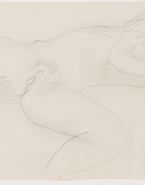 Femme nue sur le dos, un bras devant le visage et les jambes écartées