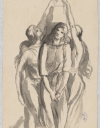 Groupe de trois femmes vêtues ; deux brandissent des rameaux autour de la femme qui est au centre