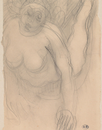 Femme nue allongée sur le ventre et dressée sur les mains