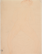 Femme nue, assise de face, mains au dos et jambes écartées sous un voile