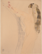 Femme nue, une main à sa chevelure dénouée et un bras tendu