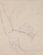 Femme nue, sur le dos, de face, bras et jambes levés et écartés
