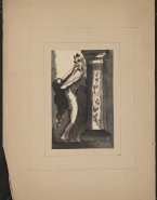 Jeune femme nue, debout, de profil, tendant une rose vers une colonne portant l'inscription 