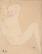 Femme nue assise, jambes ouvertes dont une haut levée