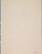 Femme nue debout, de face, une main aux cheveux, un genou levé
