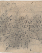 Groupe de cavaliers et de centaures ; Personnage ailé, personnage assis, jambe couverte d'écailles (au verso)