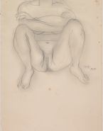 Femme nue accroupie de face, jambes écartées et bras croisés