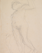 Femme nue debout vers la gauche, un bras relevé