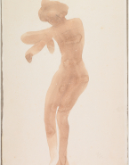Femme nue debout, les bras croisés et levés devant elle