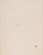 Femme nue, de profil vers la gauche, penchée en avant, un bras en l'air et l'autre près de la cheville