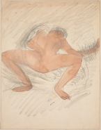 Femme nue sur le dos, de face, une main au sexe et les jambes écartées