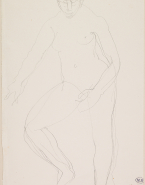 Femme nue debout, de face, jambe et bras soulevés