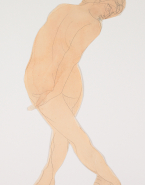 Femme nue de dos, jambes croisées et dans un mouvement de torsion