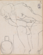 Femme nue assise et penchée vers une cruche posée à ses pieds