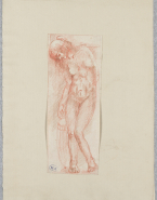 Femme nue, debout, de face, penchée vers un vase, une main dans le dos