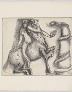 Centaure chevauché par une femme nue, en arrêt devant un tronc d'arbre enlacé par un serpent