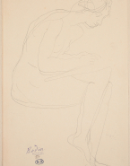 Femme nue assise de profil à droite, écrivant sur ses genoux croisés
