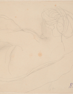 Femme nue assise, de profil vers la gauche, un bras au-dessus du visage