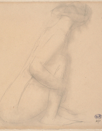 Femme nue, assise de profil, maintenant les jambes repliées contre le corps
