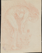 Femme nue debout de profil cueillant une rose