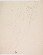 Femme nue debout, de dos, en torsion vers l'arrière