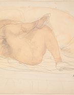 Femme nue allongée de face, un pied posé sur un genou