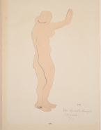 Femme nue debout, de profil, au bras droit levé