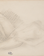 Femme nue allongée vers la gauche, une main entre les cuisses