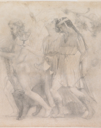 Copie d'après une scène antique, cortège de silène jouant du pipeau, suivi d'une panthère, de Bacchus et d'une ménade, un thyrse et une canthare à la main