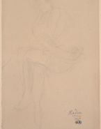 Femme assise, à demi vêtue, jambes croisées, le bras droit en torsion vers la droite