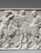Moulage d'une scène de préparation pour la cavalcade d'après la frise nord, XLVII 132-136 du Parthénon, 447-432 avant J.-C., conservé au Bristish Museum, Londres, réduction au tiers, XIXe siècle - début du XXe siècle.
