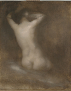 Femme nue se coiffant vue de dos