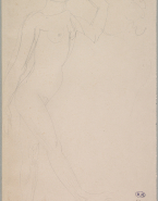 Femme nue en marche vers la droite, un bras levé