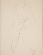Femme vêtue assise, de face, accoudée sur un genou qui la dénude