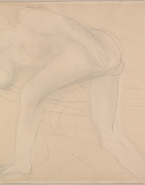 Femme nue allongée sur le côté, le visage sur une main et une jambe repliée vers l'avant