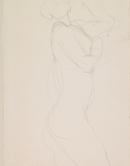 Femme nue debout, de profil à droite, bras relevés