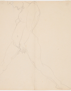 Femme nue debout, de profil à gauche, jambes écartées