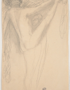 Femme nue de profil, à droite, tenant haut une de ses jambes dans sa main droite