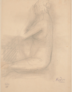 Femme nue assise de profil à gauche, une main au visage