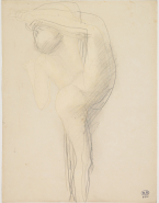 Femme nue de dos dans la posture du port d'armes