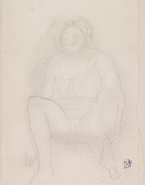 Femme assise et de face, au vêtement retroussé sur les jambes écartées