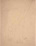 Femme nue de profil, mains au sol, jambe levée