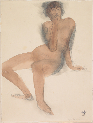 Femme nue, assise vers la gauche, une main devant la bouche