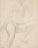 Femme nue assise de face, le bras et la jambe gauches repliés