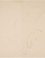 Femme nue allongée sur le ventre, de profil et dressée sur les avant-bras