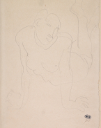 Femme nue allongée sur le ventre et dressée sur les mains