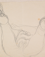Femme nue allongée et de face, jambes écartées et relevées