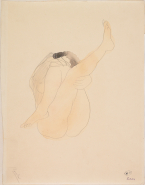Femme nue assise, aux jambes croisées dont l'une pend et l'autre est dressée
